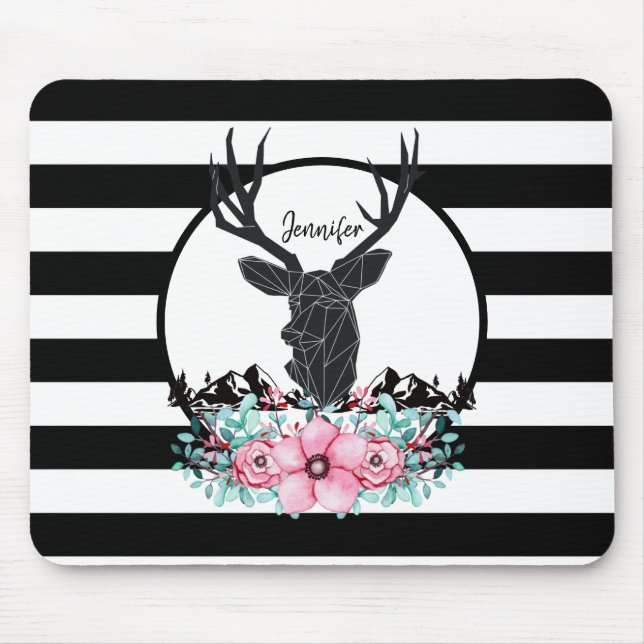Black Deer Head w/ Pink Flowers & Mountains Mouse Pad (Front)