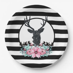Black Deer Head w/ Pink Flowers & Mountains Paper Plate
