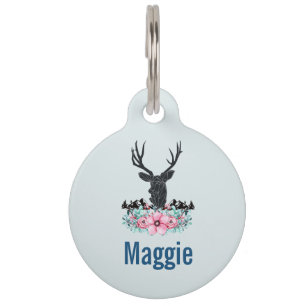Black Deer Head w/ Pink Flowers & Mountains Pet Tag