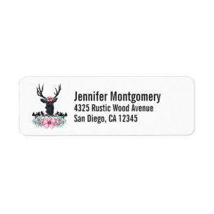 Black Deer Head w/ Pink Flowers & Mountains Return Address Label
