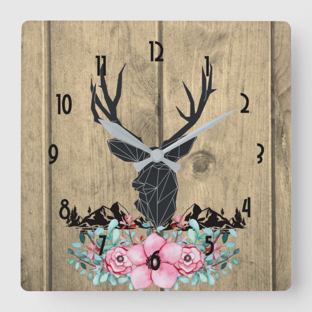 Black Deer Head w/ Pink Flowers & Mountains Square Wall Clock (Front)