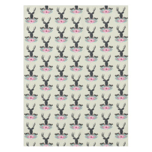 Black Deer Head w/ Pink Flowers & Mountains Tablecloth