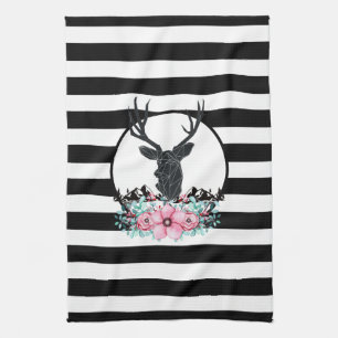 Black Deer Head w/ Pink Flowers & Mountains Tea Towel