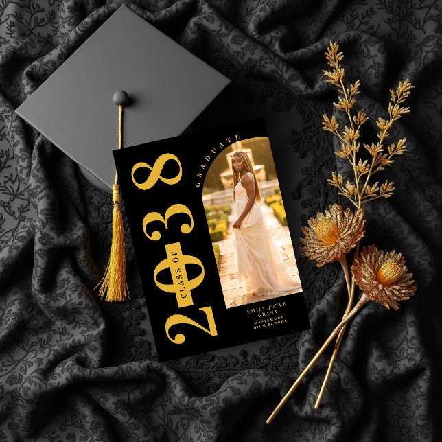 Black Delicate Arch MInimalist Grad Golden Invitation (Black Delicate Arch Photo Minimalist Graduate Faux Gold Shades Photo Invitation Card Design.)