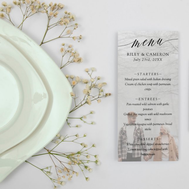 Black Delicate Calligraphy Elegant Photo Wedding Menu (Creator Uploaded)