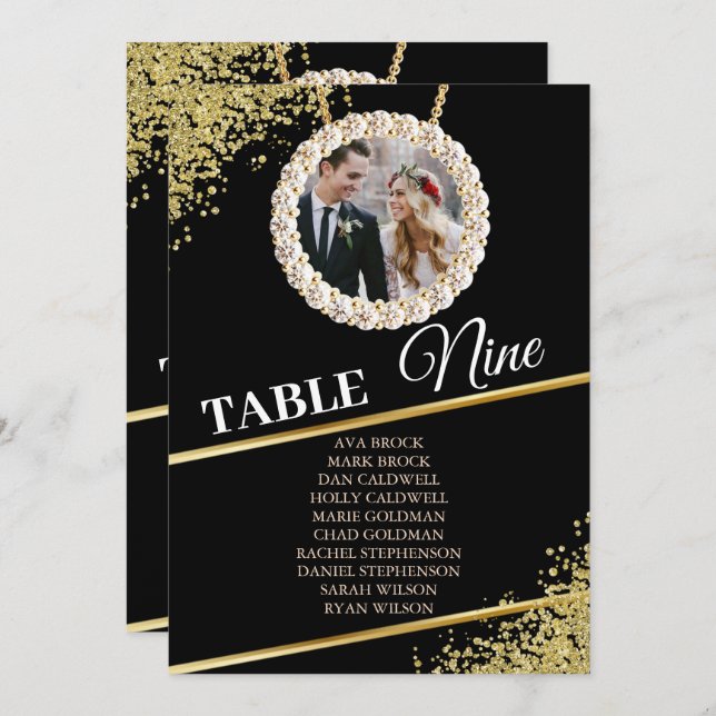 Black Delicate Elegant Photo Seating Chart Card (Front/Back)