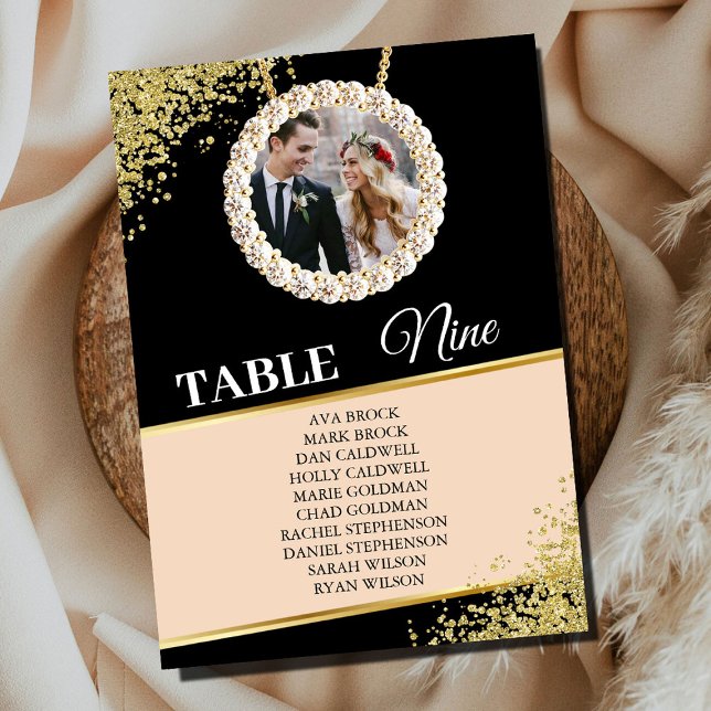 Black Delicate Elegant Photo Seating Chart Card (Creator Uploaded)