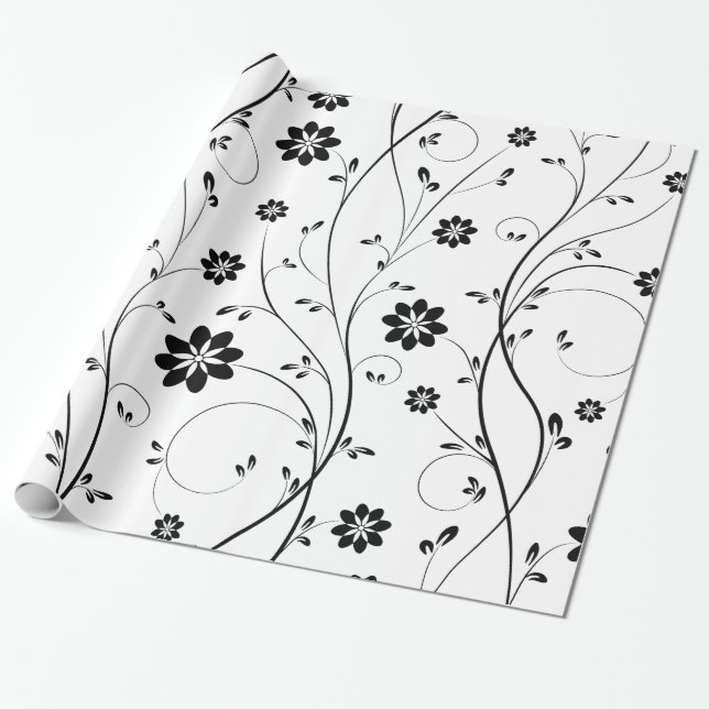 Black Delicate Flowers Pattern Wrapping Paper (Unrolled)