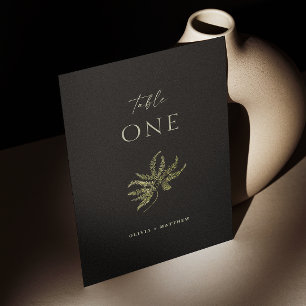 Black delicate minimalist woodland fern wedding table number