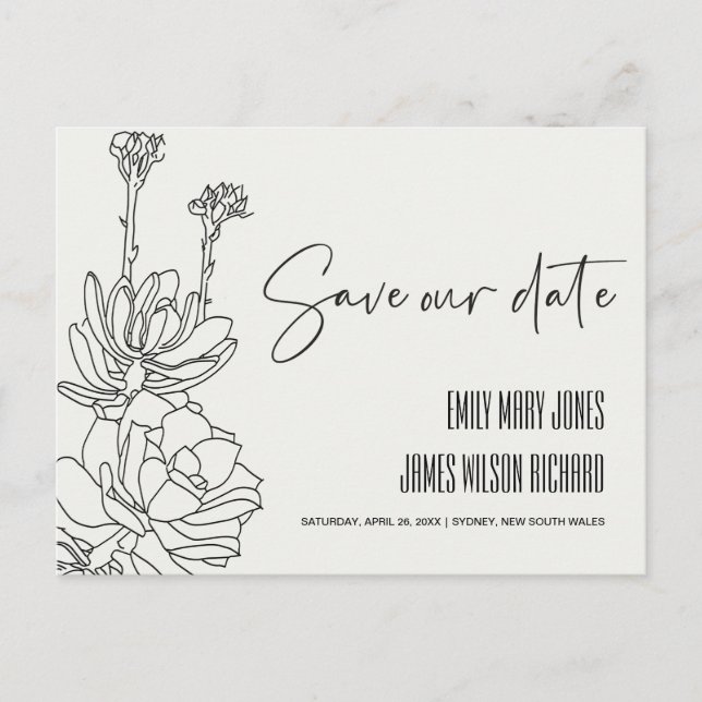 BLACK DESERT CACTI SUCCULENT SKETCH SAVE THE DATE ANNOUNCEMENT POSTCARD (Front)