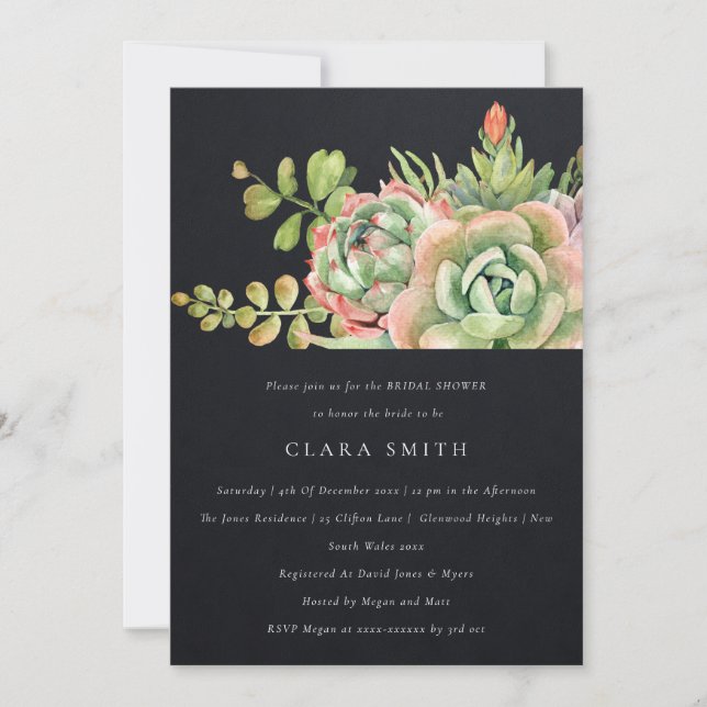 BLACK DESERT SUCCULENT CACTI FOLIAGE BRIDAL SHOWER INVITATION (Front)