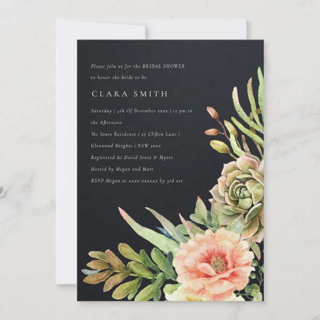 BLACK DESERT SUCCULENT CACTI FOLIAGE BRIDAL SHOWER INVITATION (Front)