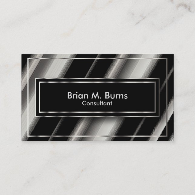 Black Diagonal Abstract & Metallic Silver Business Card (Front)