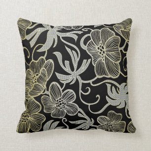 Black Diamond And Gold Floral Damask Design Cushion