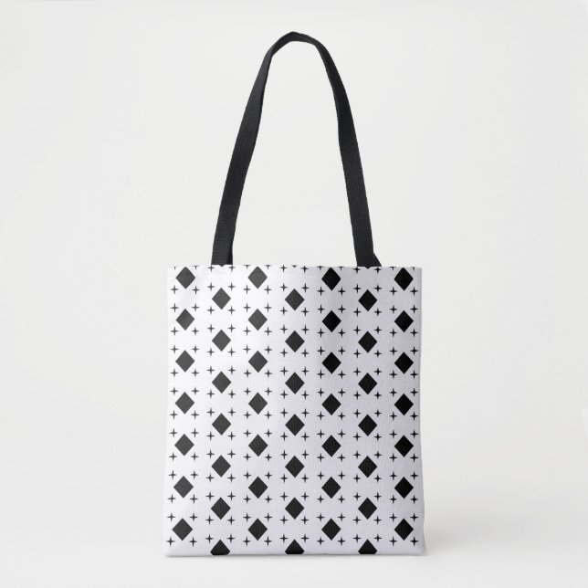 Black Diamond Geometric Pattern & Stars on White Tote Bag (Front)