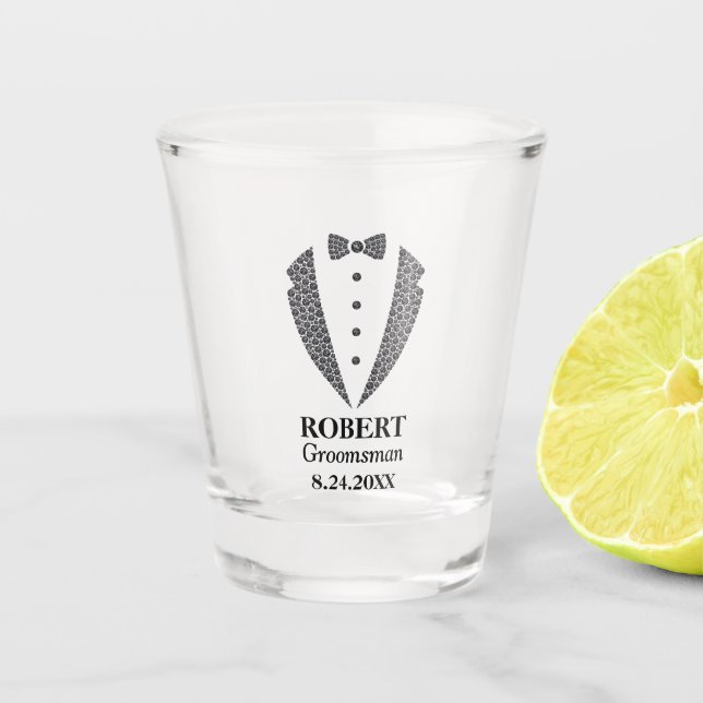 Black Diamond Pattern Groomsmen Tuxedo Shot Glass (Front)