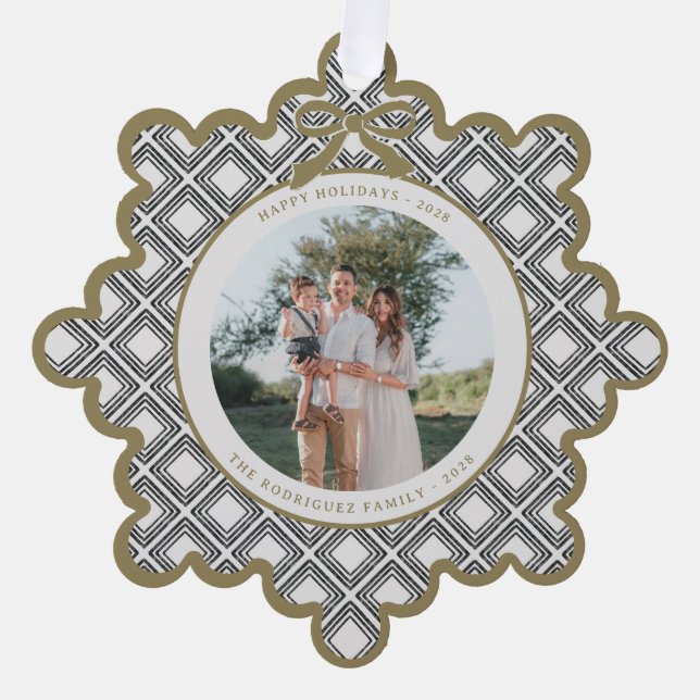 Black Diamond Pattern Holiday Ornament with Photo (Front)