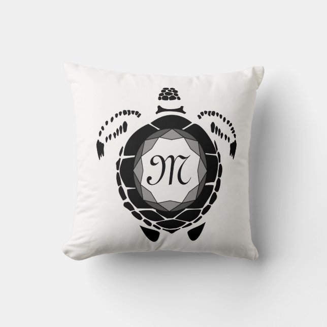 Black Diamond Sea Turtle Silhouette Monogram Cushion (Front)