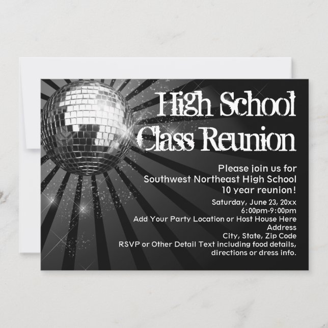 Black Disco Ball Class Reunion Invitations (Front)