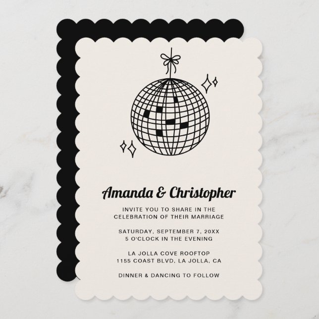 Black Disco Ball Wedding Invitation Scalloped (Front/Back)