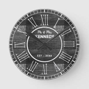 Black Distressed Wood Roman Numeral Wedding Round Clock