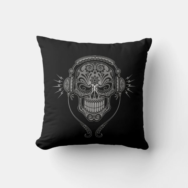 Black DJ Sugar Skull Cushion (Front)