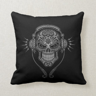 Black DJ Sugar Skull Cushion