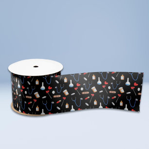 Black Doctor Nurse Medical Tools Pattern Satin Ribbon