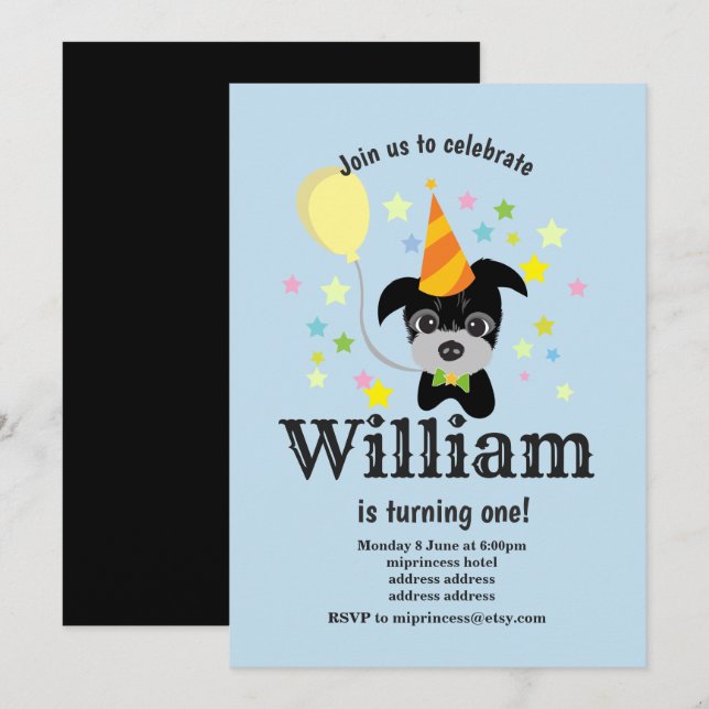 black dog Birthday Invitation, balloon, doggie Invitation (Front/Back)