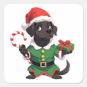 Black Dog Christmas Elf With Candy Cane And Gifts Square Sticker