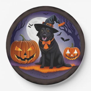 Black Dog in Witch Costume with Pumpkins Paper Plate