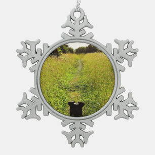 Black Dog Leads Way Along Green Hiking Trail Snowflake Pewter Christmas Ornament