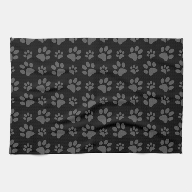 Black dog paw print pattern tea towel (Horizontal)
