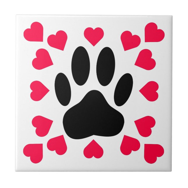 Black Dog Paw Print With Heart Shapes Ceramic Tile (Front)