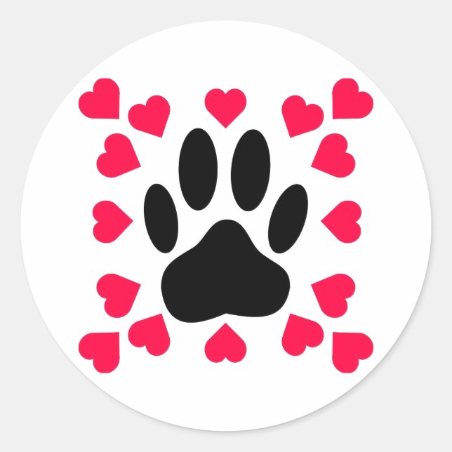 Black Dog Paw Print With Heart Shapes Classic Round Sticker (Front)