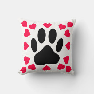 Black Dog Paw Print With Heart Shapes Cushion