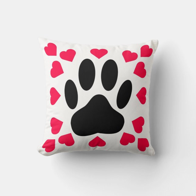 Black Dog Paw Print With Heart Shapes Cushion (Front)