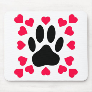 Black Dog Paw Print With Heart Shapes Mouse Pad