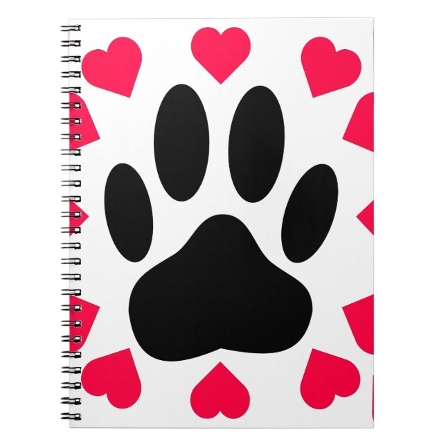Black Dog Paw Print With Heart Shapes Notebook (Front)