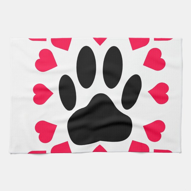 Black Dog Paw Print With Heart Shapes Tea Towel (Horizontal)