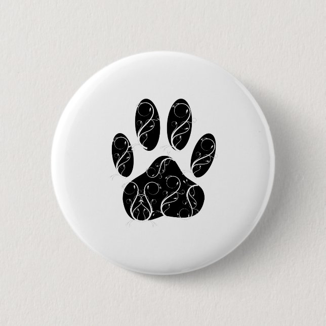 Black Dog Paw Print With White Flourishes 6 Cm Round Badge (Front)