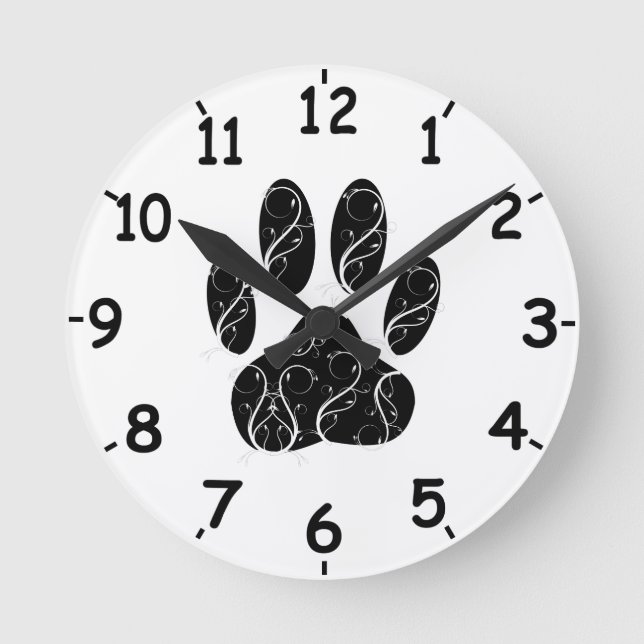 Black Dog Paw Print With White Flourishes and Dial Round Clock (Front)