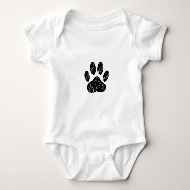 Black Dog Paw Print With White Flourishes Baby Bodysuit (Front)