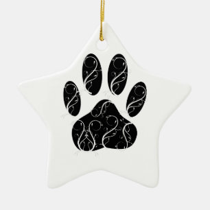 Black Dog Paw Print With White Flourishes Ceramic Ornament