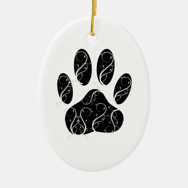 Black Dog Paw Print With White Flourishes Ceramic Ornament (Front)
