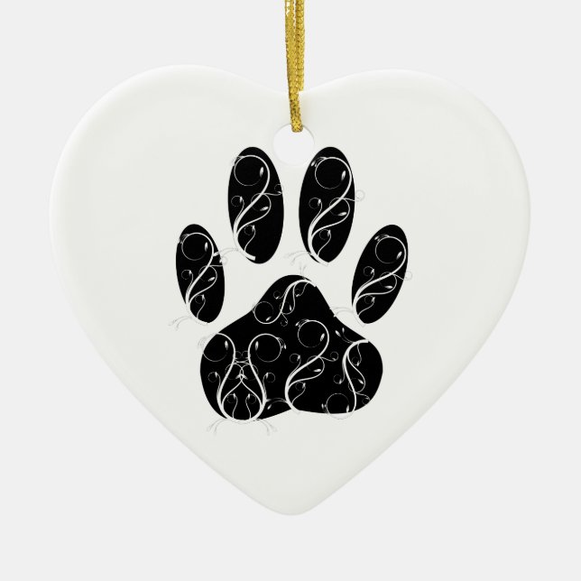 Black Dog Paw Print With White Flourishes Ceramic Ornament (Front)