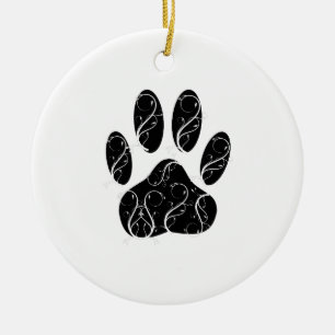 Black Dog Paw Print With White Flourishes Ceramic Tree Decoration