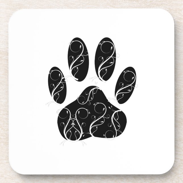 Black Dog Paw Print With White Flourishes Coaster (Front)