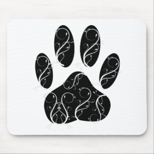 Black Dog Paw Print With White Flourishes Mouse Pad