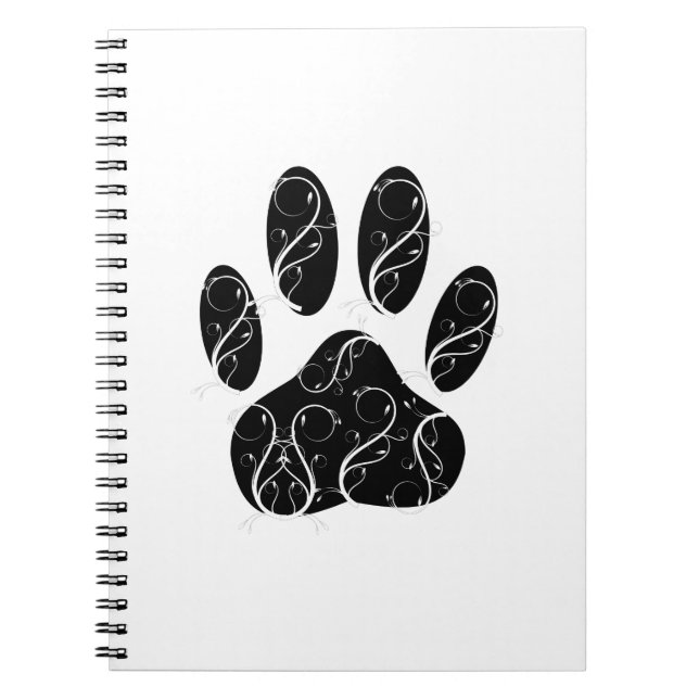 Black Dog Paw Print With White Flourishes Notebook (Front)